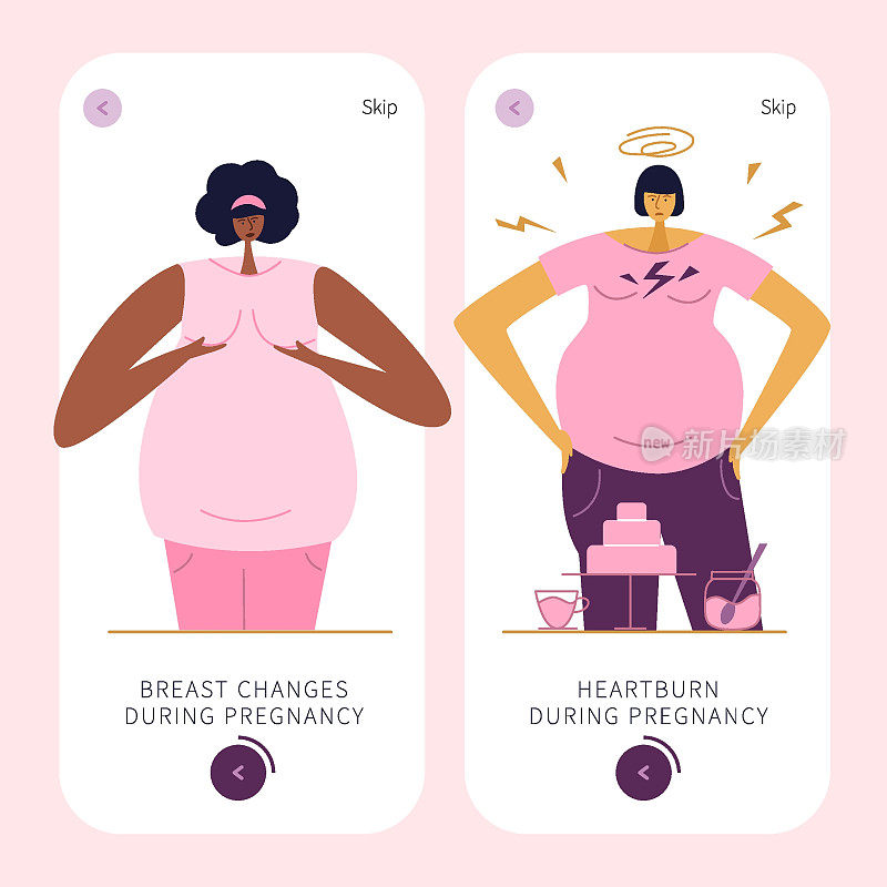 怀孕症状的应用设计。孕妇有烧心、发热、上腹灼热。她的乳房在怀孕期间会发生变化。适合手机故事，UI UX设计网站和应用程序。